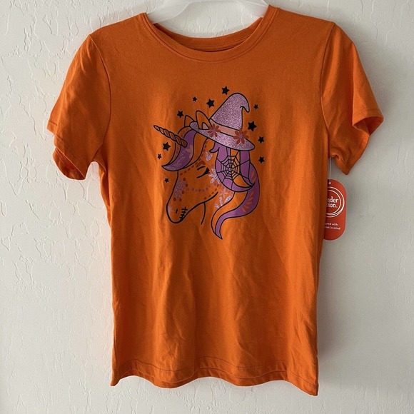 Wonder Nation Girls Orange Unicorn Witch Short Sleeve T Shirt, Size XXL (18) NEW - Picture 1 of 5
